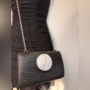Lea Newman Woven Rattan Clutch Black & Albalone Accent w/ Chain Strap